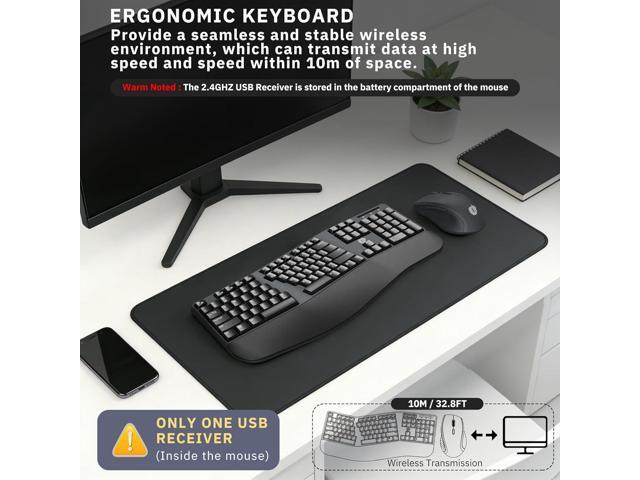 Ergonomic Wireless Keyboard and Mouse Combo, 2.4GHz USB Full Size Keyboard with Wrist Rest and 3 Level DPI Adjustable Wireless Mouse for PC and...