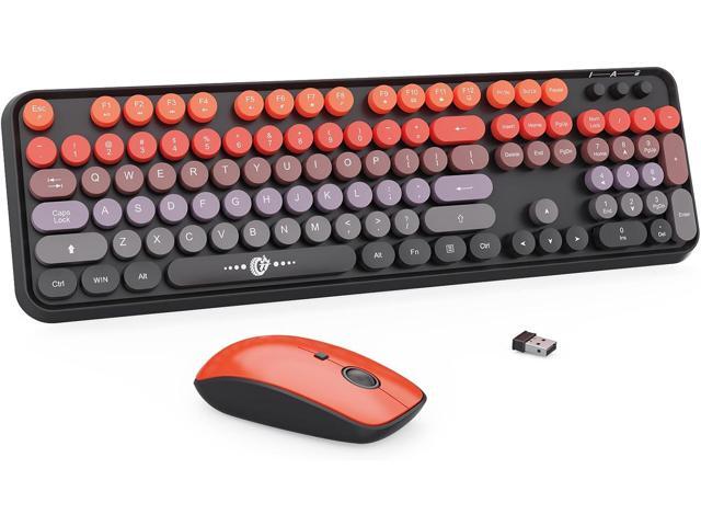 FOPETT Wireless Keyboard and Mouse Combo - 2.4G Full-Sized Cute Colorful Mouse and Keyboard with 104 Round Keys Retro Typewriter Keyboard for...