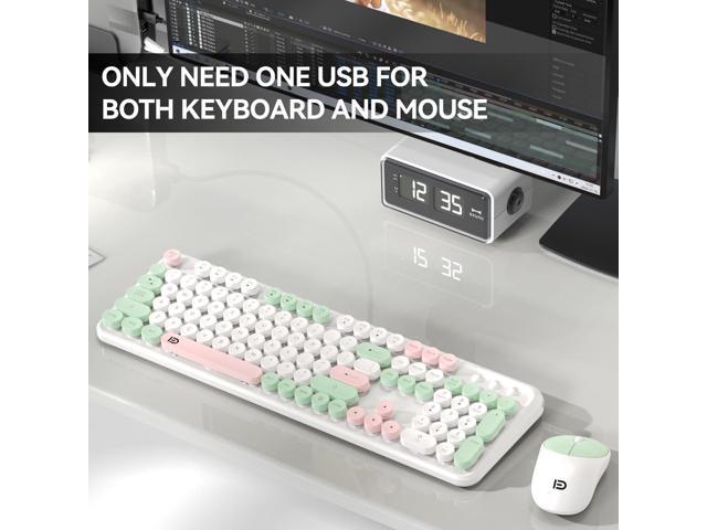 Wireless Keyboard and Mouse Combo, 2.4GHz Colorful Cute Round Keycaps Keyboard for Office Computer PC Desktops Laptop (104 Keys Light Green)