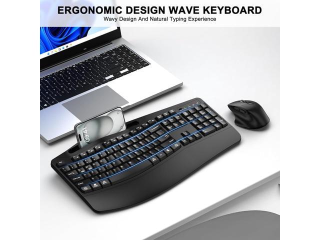 Wireless Keyboard and Mouse Combo, 2.4G Full Size Wave Keys Ergonomic Keyboard with Wrist Rest, Phone Holder, 3-Level DPI Adjustable Wireless...