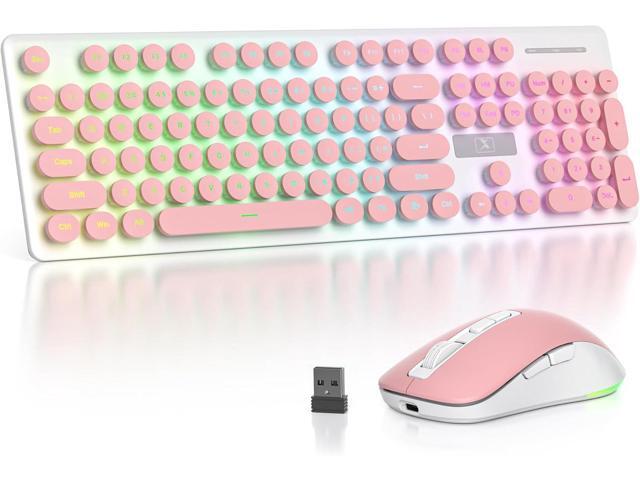 Backlit Pink Keyboard and Mouse Wireless, 2.4GHz Light Up Typewriter Rechargeable Quiet Keyboard Cordless with USB Receiver for PC/Laptop(Pink)