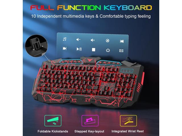BlueFinger Gaming Keyboard Mouse Headset Combo, USB Wired Crack Backlit,114 Keys Letters Glow LED Keyboard, Red LED Light Headset for Laptop PC...