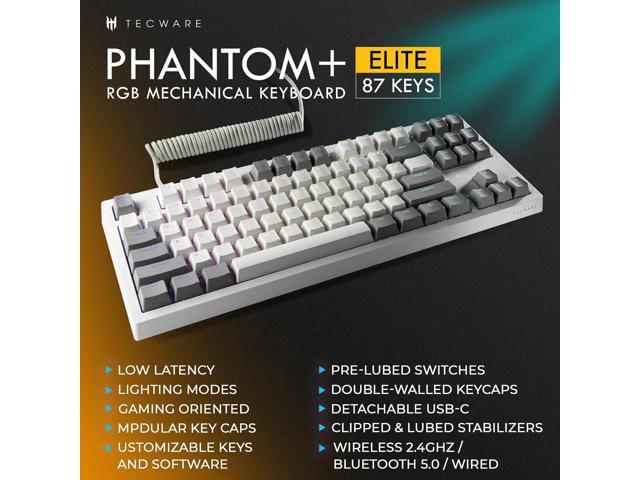 TECWARE Phantom+ Elite 87 Key RGB Mechanical Gaming Keyboard 3 Mode Wireless Bluetooth 5.0 2.4GHz & USB C Wired Hot Swappable 5 Pin Double...