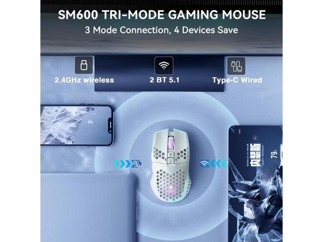 SOLAKAKA SM600 White Wireless Gaming Mouse,Tri-Modes BT5.1/Type-C Wired/2.4G Wireless Mouse with 2 Side Buttons, Programmable Macro Gamer Mouse...