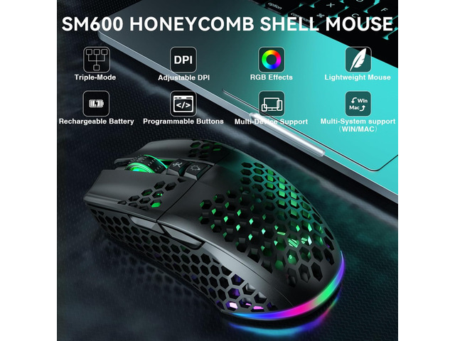 SOLAKAKA SM600 Honeycomb Shell Gaming Mouse Wireless,Tri-Modes BT/2.4G Wireless/Type-C Wired Gamer Mouse with 2 Side Buttons, Macro Programmable...
