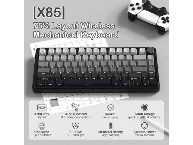 ATTACK SHARK X85 Wireless Mechanical Gaming Keyboard with Knob Hot Swappable BT/2.4GHz/USB-C Side Print PBT Keycaps 75% Gasket Keyboard RGB Coiled...