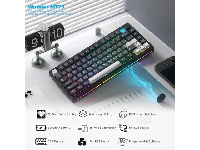 Womier 75% Wireless Mechanical Gaming Keyboard with Knob & Display, Bluetooth 5.0/2.4GHz/USB C Thocky Creamy Keyboard for PC Computer, 8000mAh...