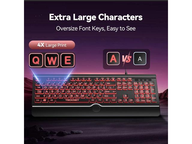 TECKNET Large Print Backlit Keyboard, Wired USB-A Computer Keyboard with Wrist Rest, 7-Color Backlit, Oversized Letter Keys Easy to See,...