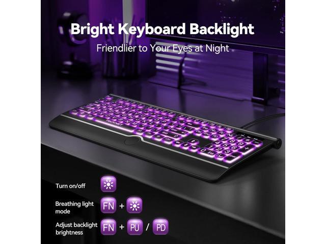TECKNET Large Print Backlit Keyboard, Wired USB-A Computer Keyboard with Wrist Rest, 7-Color Backlit, Oversized Letter Keys Easy to See,...