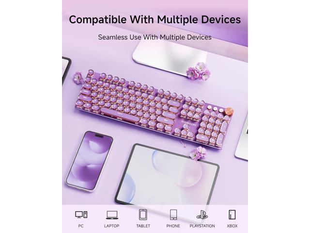 EWEADN V20 Typewriter Keyboard Wireless, 104 Keys Typewriter Style Mechanical with White Backlit, Media Knob, Pink Switch 2.4G/Bluetooth/USB-C...