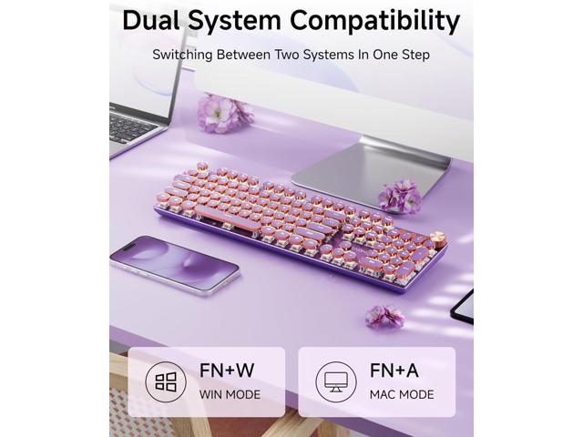 EWEADN V20 Typewriter Keyboard Wireless, 104 Keys Typewriter Style Mechanical with White Backlit, Media Knob, Pink Switch 2.4G/Bluetooth/USB-C...