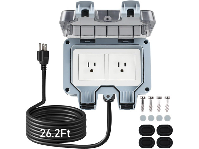 Outdoor Power Outlet Box with 26.3Ft Extension Cord, NEMA 5-15R, STW 14 AWG, Weatherproof Waterproof IP66 Electrical Outlet Extender, Exterior Wall...