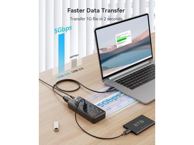 Powered USB Hub, Wenter 5 Ports USB 3.0 Hub (4 Data Transfer Ports+ 1 Smart Charging Port) with Individual LED On/Off Switches, USB Hub 3.0 Powered...