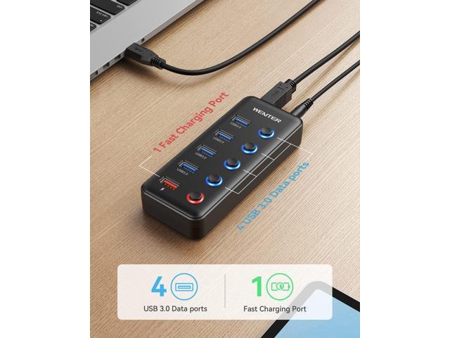 Powered USB Hub, Wenter 5 Ports USB 3.0 Hub (4 Data Transfer Ports+ 1 Smart Charging Port) with Individual LED On/Off Switches, USB Hub 3.0 Powered...