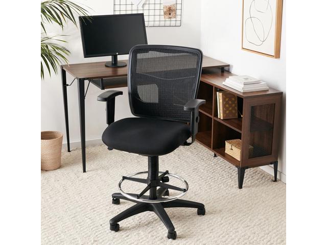 Lorell Ratchet Stool with Foot Ring, Mid-Back, Mesh Back with Fabric Seat, Black