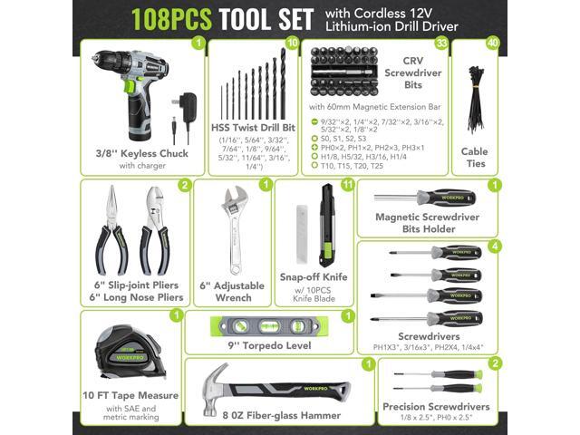 WORKPRO Home Tool Kit with Power Drill, 108PCS Power Home Tool Set with 12V 1.5 Ah Battery Powered Screwdriver and Tool Box, Electric Cordless...