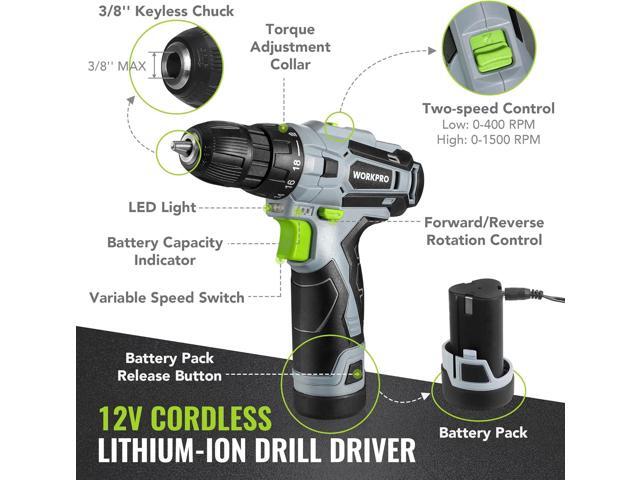 WORKPRO Home Tool Kit with Power Drill, 108PCS Power Home Tool Set with 12V 1.5 Ah Battery Powered Screwdriver and Tool Box, Electric Cordless...
