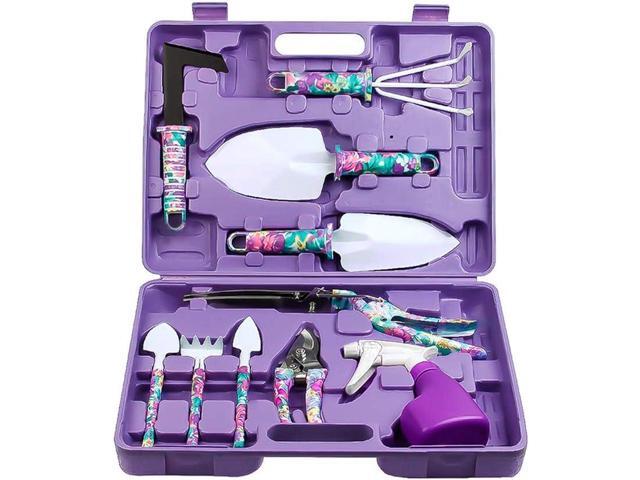 Jhua Garden Tool Set, 10 Pieces Gardening Tools Kit with Purple Flower Print, Ergonomic Handle Trowel Rake Weeder Pruner Shears Sprayer, Garden...