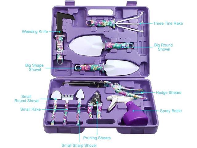 Jhua Garden Tool Set, 10 Pieces Gardening Tools Kit with Purple Flower Print, Ergonomic Handle Trowel Rake Weeder Pruner Shears Sprayer, Garden...