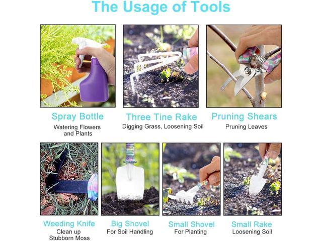 Jhua Garden Tool Set, 10 Pieces Gardening Tools Kit with Purple Flower Print, Ergonomic Handle Trowel Rake Weeder Pruner Shears Sprayer, Garden...