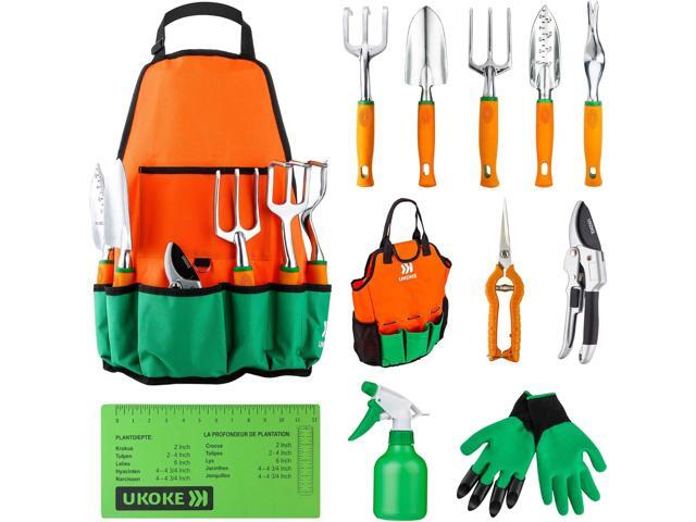 UKOKE Garden Tool Set, 12 Piece Aluminum Hand Tool Kit, Garden Canvas Apron with Storage Pocket, Outdoor Tool, Heavy Duty Gardening Work Set with...