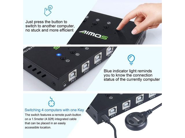 USB Switch Selector 4 Port, USB KVM Switcher 4 Computers Sharing 4 USB Devices One-Button Swapping, for Share Mouse, Keyboard, Printer, Scanner,...