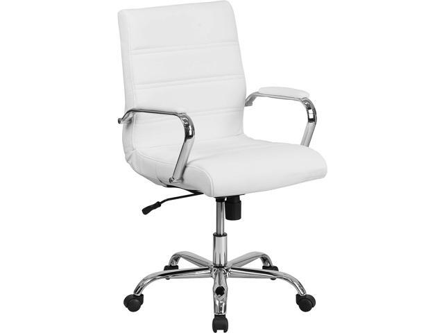 EMMA + OLIVER Mid-Back White LeatherSoft Executive Swivel Office Chair with Chrome Frame/Arms