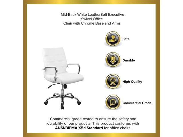 EMMA + OLIVER Mid-Back White LeatherSoft Executive Swivel Office Chair with Chrome Frame/Arms