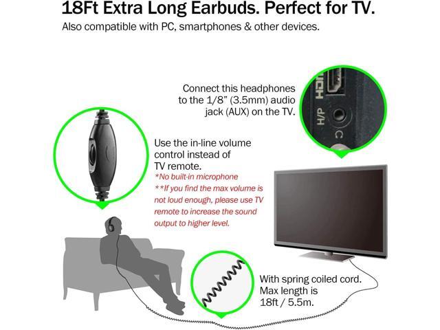 Extra Long Cord Headphones for TV & PC with Volume Control, 18 Feet / 5.5M Extension Spring Coiled Cord, Universal 3.5mm AUX Audio, Wired Over Ear...