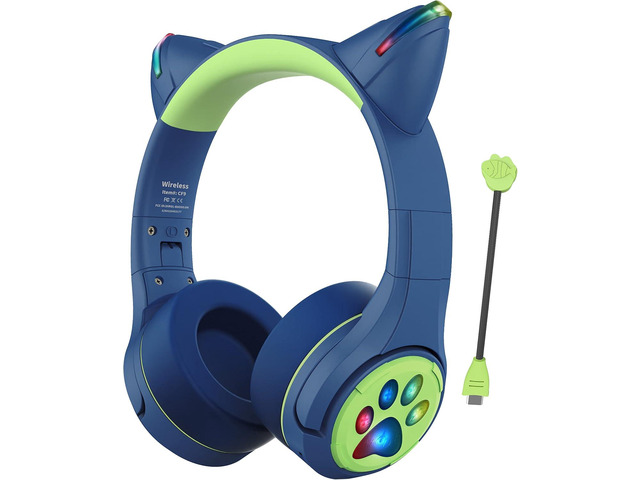 Riwbox CF9 Cat Ear Kids Bluetooth Headphones with LED Light Up,Safe 85dB Volume Limit,Built-in Mic & Boom Mic for Calls,Kids Wireless & Wired...