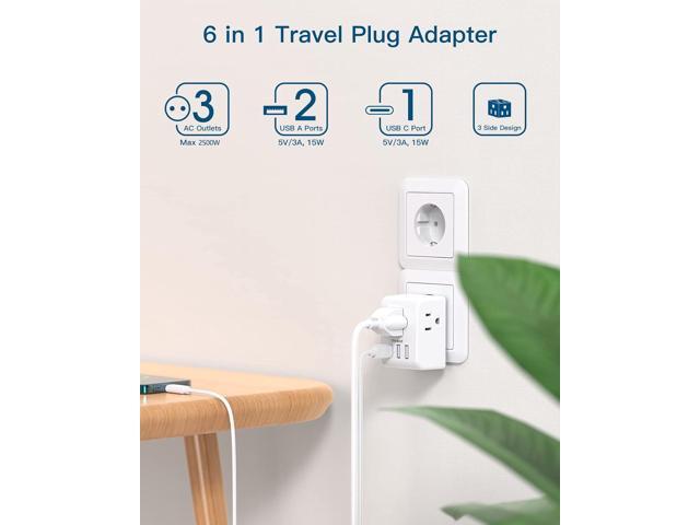 1 Pack European Travel Plug Adapter, Italy Spain Power Plug Adapter with 3 Outlets 3 USB Charging Ports(1 USB C), Type C Plug Adapter Travel...