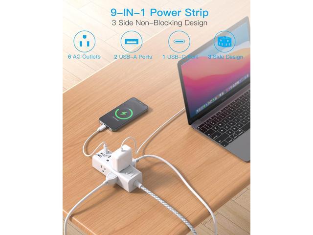 Power Strip Surge Protector - 6 Widely Outlets with 3 USB Ports (1 USB C), 3-Side Outlet Extender Strip with 5 Ft Extension Cord, Flat Plug, Wall...