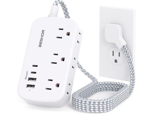 Flat Extension Cord, BESHON 5FT Flat Plug Power Strip with USB C, 6 Outlets 4 USB Port(2 USB C), No Surge Protector, Cruise Ship, Dorm Room Travel...