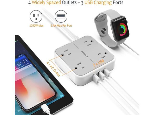 Power Strip with 3 USB Ports, TESSAN 5 ft Extension Cord Flat Plug with 4 Outlets, Indoor Desk Charging Station, Mountable Compact for Travel,...