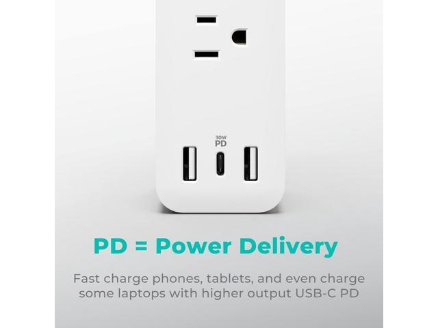 KMC USB-C PD Surge Protector 3-Outlet Power Strip, 30W Power Delivery USB-C Port, 2 USB-A Ports, 980J Surge Protection, 6-Foot Extension Cord, White