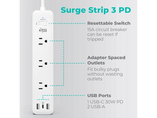 KMC USB-C PD Surge Protector 3-Outlet Power Strip, 30W Power Delivery USB-C Port, 2 USB-A Ports, 980J Surge Protection, 6-Foot Extension Cord, White