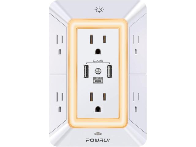 POWRUI Multi Plug 6 Outlet Surge Protector Extender with 3 USB Ports (1 USB C) and Night Light, 3-Sided Power Strip with Adapter Spaced Outlets,...