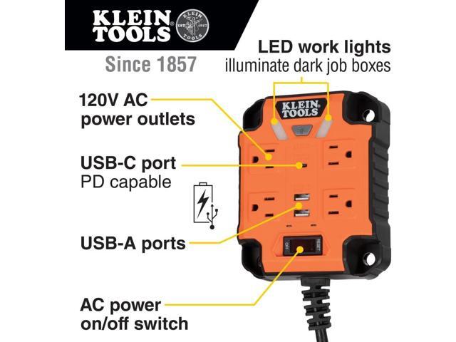 Klein Tools 29601 Magnetic Power Strip with Surge Protector, Extension Cord, 4 Outlets, 3 USB Ports, 5-Foot Cord, Power Supply Box with Light,...