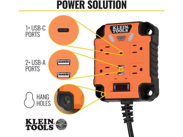Klein Tools 29601 Magnetic Power Strip with Surge Protector, Extension Cord, 4 Outlets, 3 USB Ports, 5-Foot Cord, Power Supply Box with Light,...