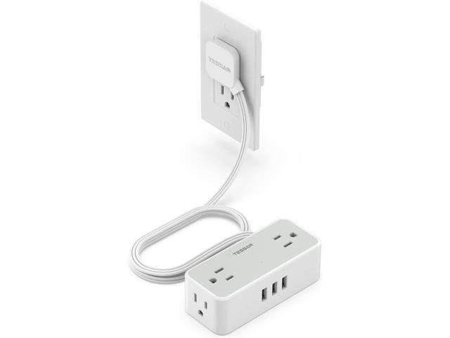 Ultra Thin 5FT Flat Extension Cord, TESSAN Surge Protector Flat Plug Power Strip 4 Wide Spaced AC Outlets 3 USB, 900 Joules Protection, Suitable...
