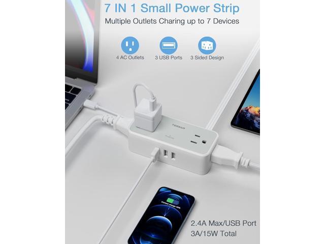 Ultra Thin 5FT Flat Extension Cord, TESSAN Surge Protector Flat Plug Power Strip 4 Wide Spaced AC Outlets 3 USB, 900 Joules Protection, Suitable...