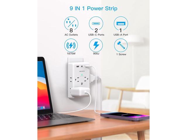 Multi Plug Outlet Extender with USB C Ports, 3 Sided Power Strip with 900J Surge Protector, 8 Outlets Splitter with 3 USB Wall Charger, Wall...