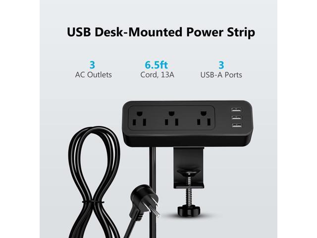 Desk Power Strip JSVER Desk Clamp Power Strip, Desk Mount USB Charging Power Station, Desk Multi-Outlets, 3 AC Outlets 6.5 ft Extension Cord...