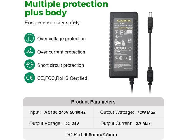 24V 3A 72W Power Supply Adapter AC 100-240V to DC 24 Volt 3 Amp Converter Transformer 5.5x2.5mm Plug for TS100 SH72 Mini Electric Soldering...