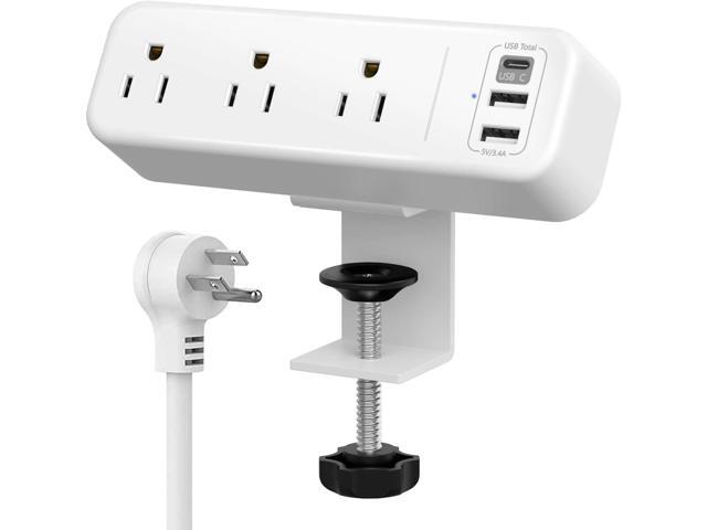 Desk Clamp Power Strip with USB C, 3 Outlets Desktop Mount Power Station with 6.5 ft Plug Extension Cord, White