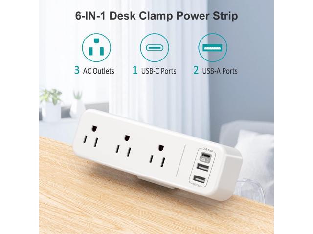 Desk Clamp Power Strip with USB C, 3 Outlets Desktop Mount Power Station with 6.5 ft Plug Extension Cord, White