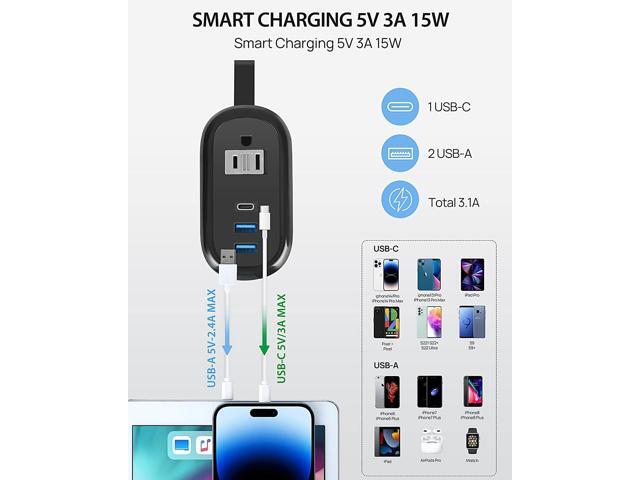 BEVA Travel Power Strip with USB C Ports, 4FT Extension Cord, 2 Outlets, 3 USB Ports, Cruise Ship Essentials (3.4A Charge, Black)