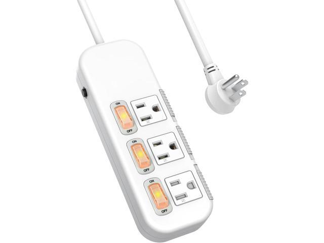 Flat Plug Power Strip Individual Switches, Extension Cord 6 feet, 3 Outlets, Surge Protector 300J, White, Baby Proof Outlet Cover