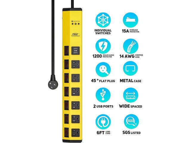 CRST 6-Outlet Heavy Duty Power Strip with USB and Individual Switches, 1200 Joules Metal Mountable Surge Protector Power Strip 15A Circuit Breaker,...