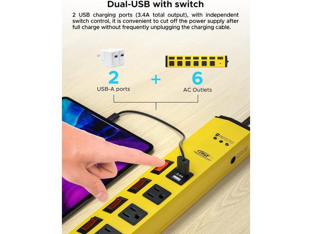 CRST 6-Outlet Heavy Duty Power Strip with USB and Individual Switches, 1200 Joules Metal Mountable Surge Protector Power Strip 15A Circuit Breaker,...